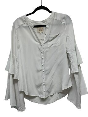 Chaser White Ruffle-Sleeve Button Front Blouse